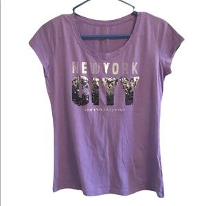 New York & Co Purple Sequin Ombré NYC Graphic Top Small Sparkle Shirt